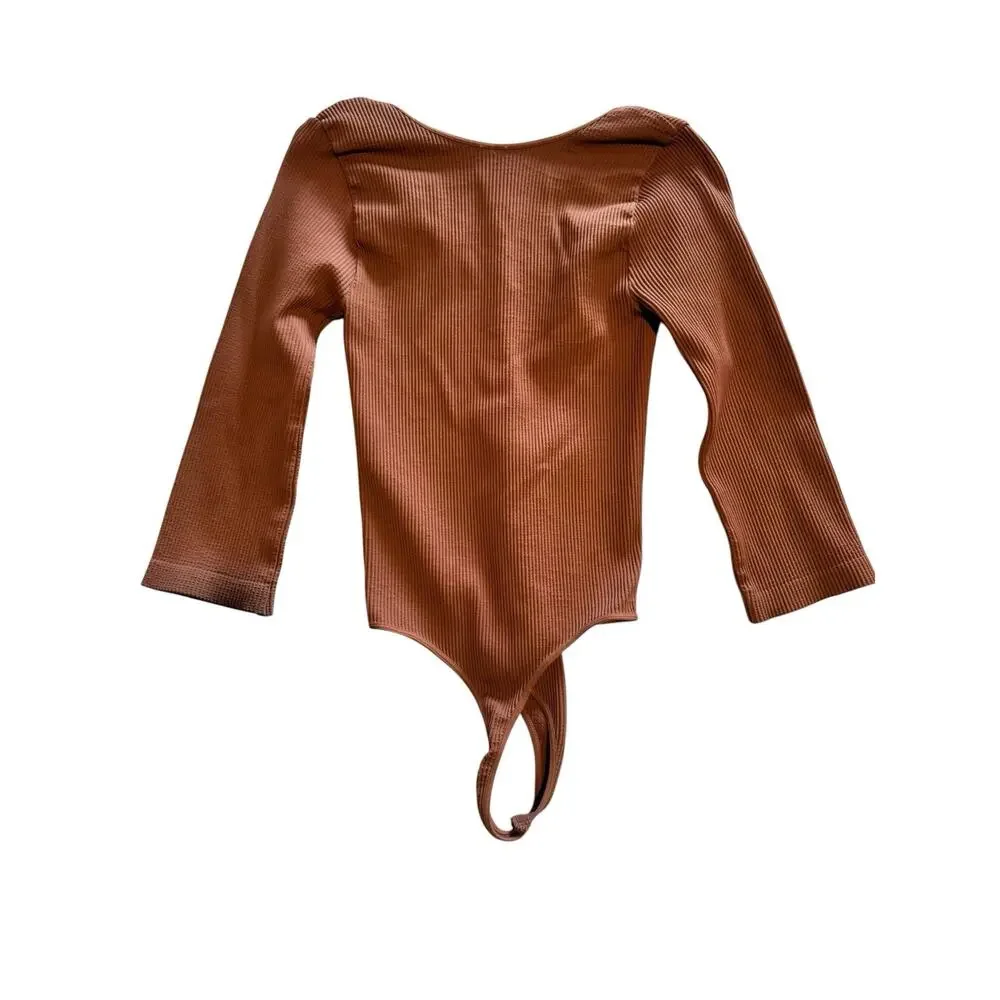 Nikibiki Ribbed Long Sleeve V-Neck Bodysuit, Brown One Size Stretch Opaque